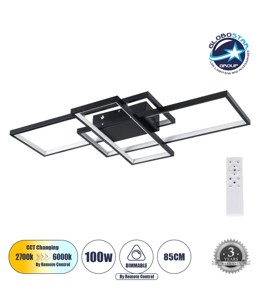 GLOBOSTAR® QUADRA 61385 Μοντέρνο Φωτιστικό Οροφής LED 100W 12000lm 120° AC 220-240V IP20 Ρυθμιζόμενο Λευκό CCT με Χειριστήριο από 2700K έως 6000K Dimmable - Lumileds SMD Chip - Μαύρο Ματ - Μ85 x Π45 x Υ9cm - 3 Χρόνια Εγγύηση